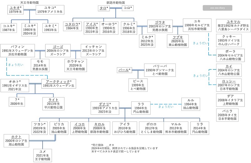 日本の動物園にいるホッキョクグマ　家系図　相関図